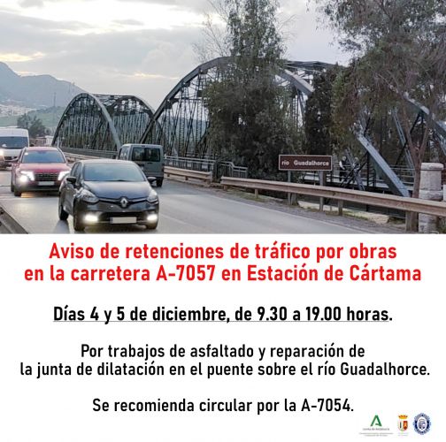 foto de Los días 4 y 5 de diciembre se realizarán trabajos de asfaltado y reparación en la carretera A-7057 a la altura de puente sobre el río Guadalhorce